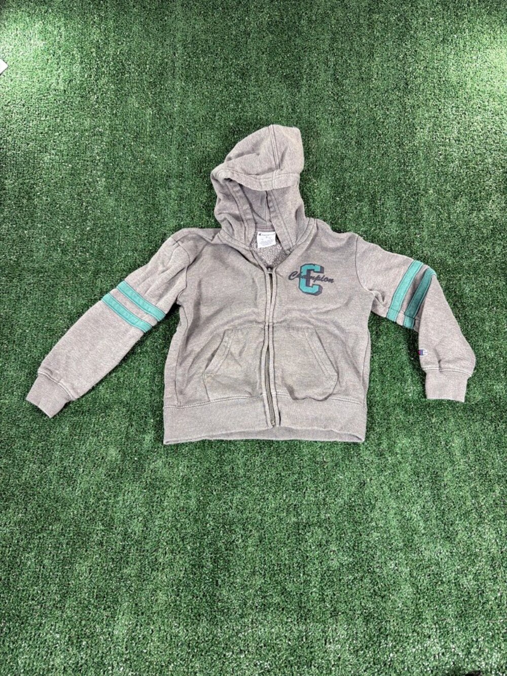 Champion Full-Zip Hoodie Youth 5 Gray with Teal Sleeve Stripes